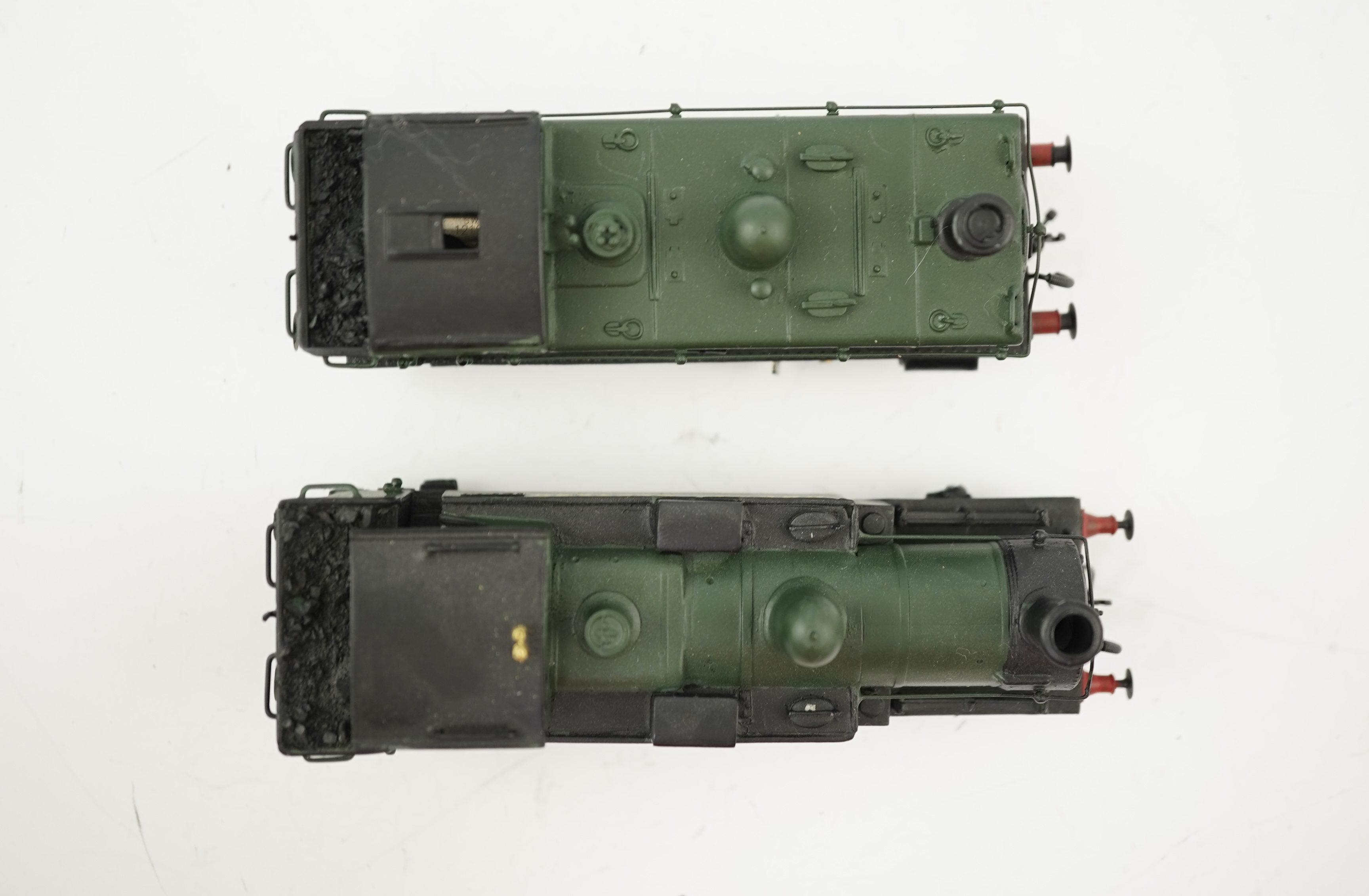 Two 00 gauge brass and white metal kit built GWR tank locomotives; a 1400 class 2-4-0T, 1458, together with an 1366 class 0-6-0PT, 1366, constructed, painted and lined to a high standard, both motored for two rail operat